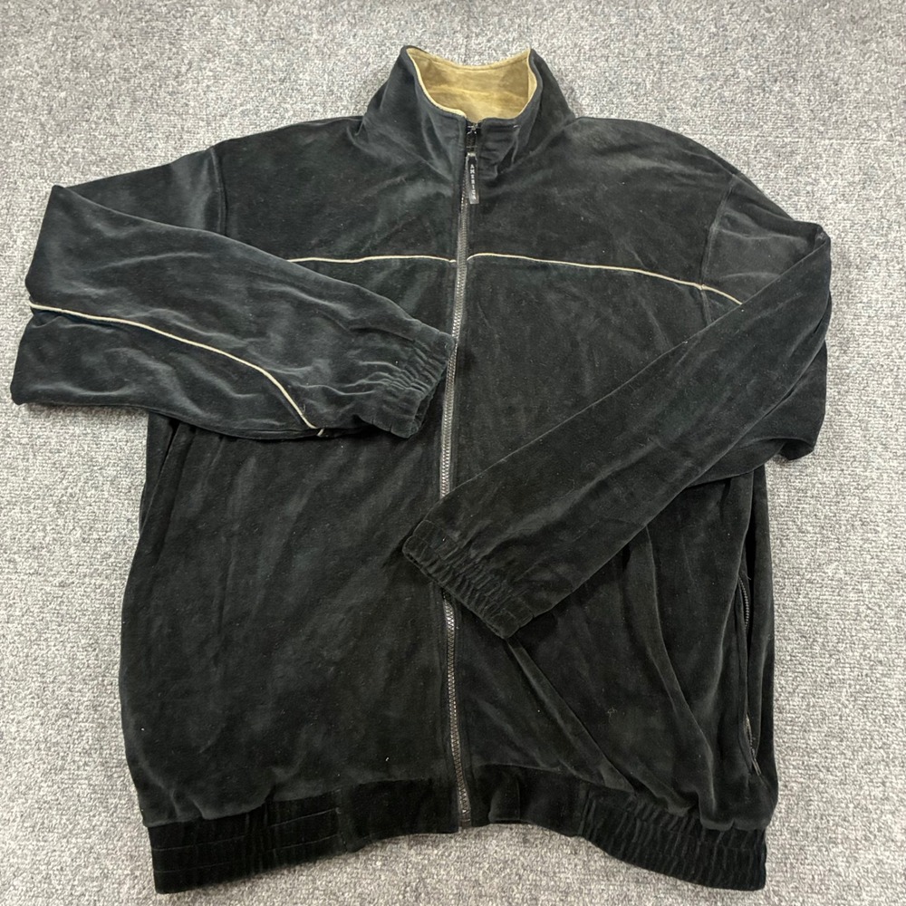 Perry Ellis America Active Velour Track Jacket Black XL Full Zip Vintage 90's